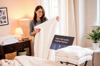 A cozy bedroom scene featuring a woman selecting a high-quality weighted blanket from a display. The blanket is plush with a soft texture, and the room has warm lighting. The woman is holding the blanket, looking satisfied. The scene includes a small table with a selection of blankets, a lamp, and a plant.