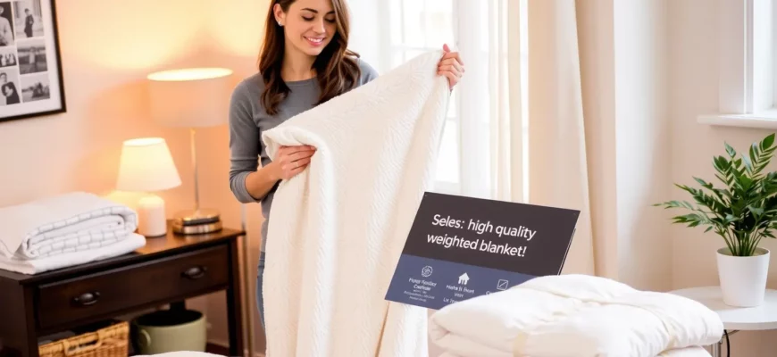 A cozy bedroom scene featuring a woman selecting a high-quality weighted blanket from a display. The blanket is plush with a soft texture, and the room has warm lighting. The woman is holding the blanket, looking satisfied. The scene includes a small table with a selection of blankets, a lamp, and a plant.
