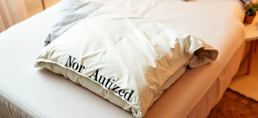 A cozy bedroom scene featuring a neatly folded duvet cover with a weighted blanket inside, placed on a simple bed with a soft, neutral-colored mattress. The duvet cover should be visible, showing its fabric texture and color, while the weighted blanket is partially visible through the open corners. The room should have subtle warm lighting, a small decorative rug on the floor, and a minimalistic bedside table with a small plant. No text, letters, or digits should appear in the image.