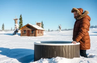 A person in a cold plunge tub, wearing a winter coat, standing in a snowy Alaskan landscape with a small cabin and pine trees, clear blue sky, photorealistic