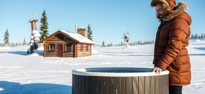 A person in a cold plunge tub, wearing a winter coat, standing in a snowy Alaskan landscape with a small cabin and pine trees, clear blue sky, photorealistic