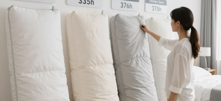 A person standing in a bedroom selecting from a display of weighted blankets of various sizes and weights, with a clear arrangement of labeled weights, showing a calm, organized environment