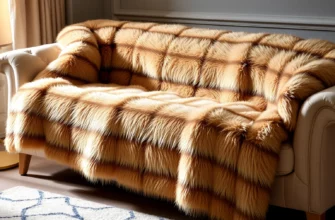 A luxurious weighted fur blanket draped over a plush sofa, featuring soft, dense fur texture with subtle gold accents and discreet weight distribution panels, bathed in warm, inviting lighting to highlight its opulent feel