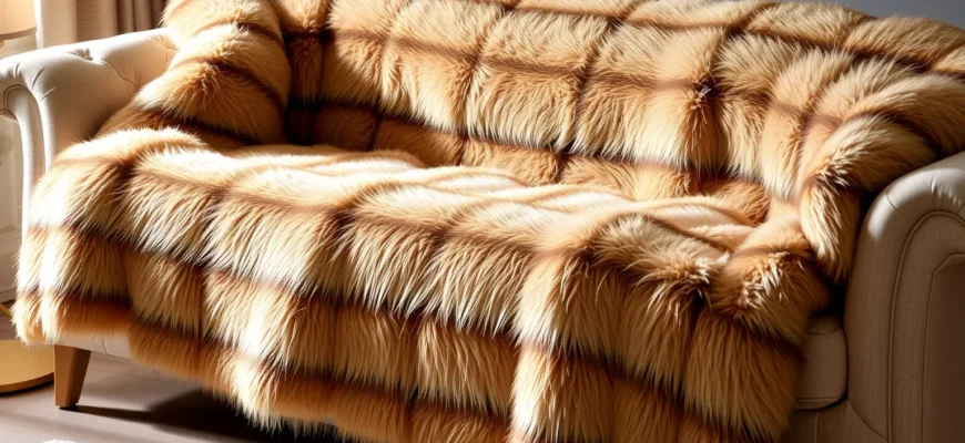 A luxurious weighted fur blanket draped over a plush sofa, featuring soft, dense fur texture with subtle gold accents and discreet weight distribution panels, bathed in warm, inviting lighting to highlight its opulent feel