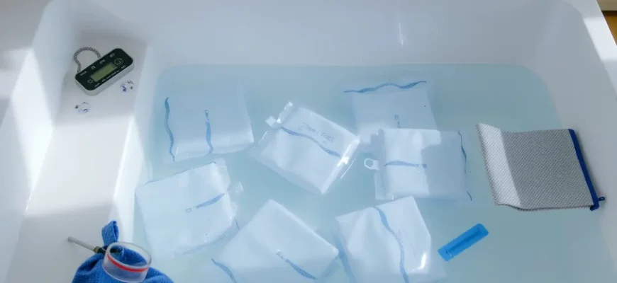 A photorealistic scene of a modern cold plunge setup: a clear, rectangular plunge tub filled with crystal‑clear water and large reusable ice packs floating inside. The tub is surrounded by a minimalist, white and blue aesthetic with subtle lighting that highlights the ice packs’ reflective surfaces. A small, sleek thermometer is placed on the side of the tub, and a pair of rubber gloves and a towel are casually draped nearby. The background is a calm, neutral space that emphasizes the cool, refreshing atmosphere of the plunge.