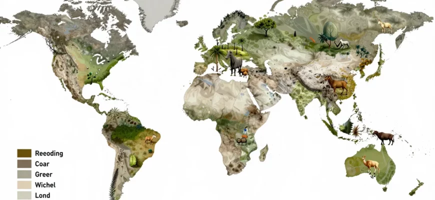 A detailed global map highlighting rewilding project locations, with icons representing wildlife and natural landscapes, in a realistic style