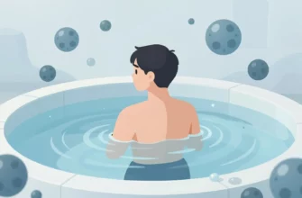 A person standing in a cold plunge pool, surrounded by icy water, with subtle visual representations of testosterone molecules floating around, depicted in a calm, scientific illustration style