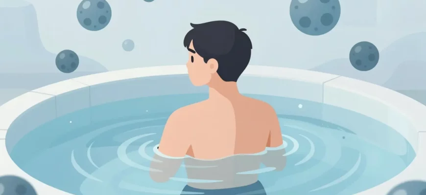 A person standing in a cold plunge pool, surrounded by icy water, with subtle visual representations of testosterone molecules floating around, depicted in a calm, scientific illustration style