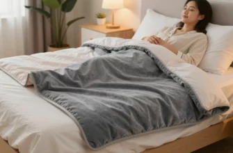 A cozy bedroom scene featuring a reversible weighted blanket on a bed. The blanket is shown in two positions: one side with a soft, pastel color and the other side with a darker, textured pattern. The blanket is partially unfolded to reveal both sides, with a subtle shadow indicating depth. A relaxed adult is lying on the blanket, wearing comfortable loungewear, with a gentle smile. The room has warm lighting, a small plant, and a nightstand with a lamp. The focus is on the blanket’s reversible design and the comfort it provides.