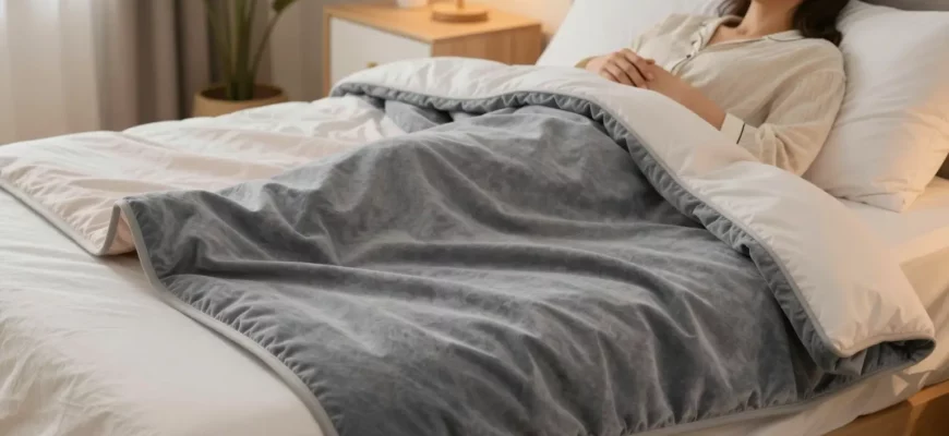 A cozy bedroom scene featuring a reversible weighted blanket on a bed. The blanket is shown in two positions: one side with a soft, pastel color and the other side with a darker, textured pattern. The blanket is partially unfolded to reveal both sides, with a subtle shadow indicating depth. A relaxed adult is lying on the blanket, wearing comfortable loungewear, with a gentle smile. The room has warm lighting, a small plant, and a nightstand with a lamp. The focus is on the blanket’s reversible design and the comfort it provides.