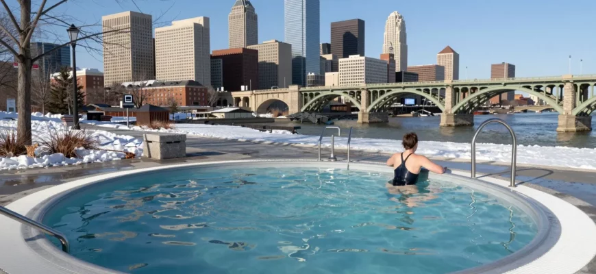 A realistic outdoor cold plunge pool in Minneapolis, featuring a shallow pool of icy water surrounded by winter scenery, a person in a swimsuit standing at the edge, and the Minneapolis skyline or a recognizable landmark such as the Stone Arch Bridge in the background, all under a clear blue sky.