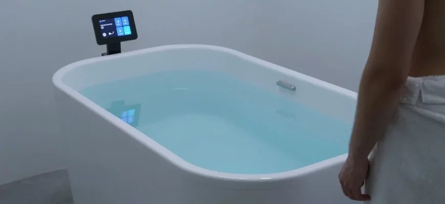 A sleek, modern cold plunge tub filled with crystal-clear water, set in a minimalist spa setting. A person in a towel stands beside the tub, looking at a digital display comparing top cold plunge models. The scene is bathed in cool blue lighting, with subtle reflections on the water surface.