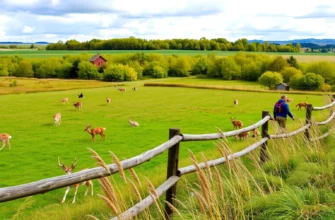 A lush, expansive meadow beyond a wooden fence, with a variety of wildlife such as deer, rabbits, and birds, and a lone figure of a man in a hiking jacket walking along the fence line, capturing the spirit of rewilding and natural freedom.