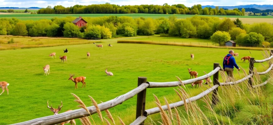 A lush, expansive meadow beyond a wooden fence, with a variety of wildlife such as deer, rabbits, and birds, and a lone figure of a man in a hiking jacket walking along the fence line, capturing the spirit of rewilding and natural freedom.
