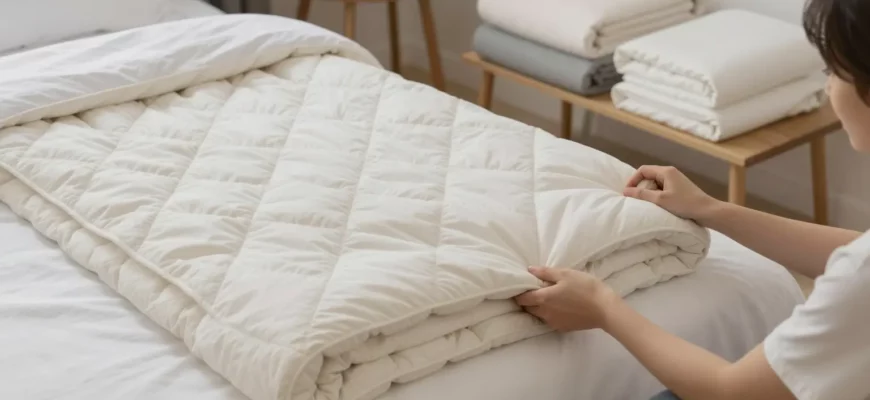 A king-size bed with a neatly folded weighted blanket on the bed, a selection of different weighted blankets displayed on a side table, a person in a relaxed pose choosing between them, soft lighting, cozy bedroom setting