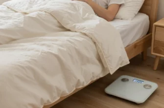 A cozy bedroom scene with a weighted blanket draped over a bed, a small digital scale in the corner showing a weight icon, and a relaxed person lying on the blanket, all in warm lighting