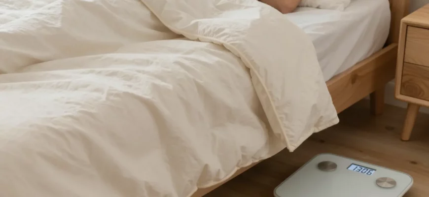 A cozy bedroom scene with a weighted blanket draped over a bed, a small digital scale in the corner showing a weight icon, and a relaxed person lying on the blanket, all in warm lighting