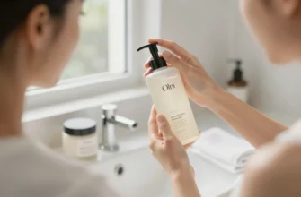 A serene bathroom scene featuring a woman in her late twenties applying Ole Henri skincare products, with a focus on a bottle of Ole Henri, a gentle facial cleanser, a moisturizer, and a soft towel. The setting is bright and airy, with natural light streaming through a window, creating a calm and refreshing atmosphere.