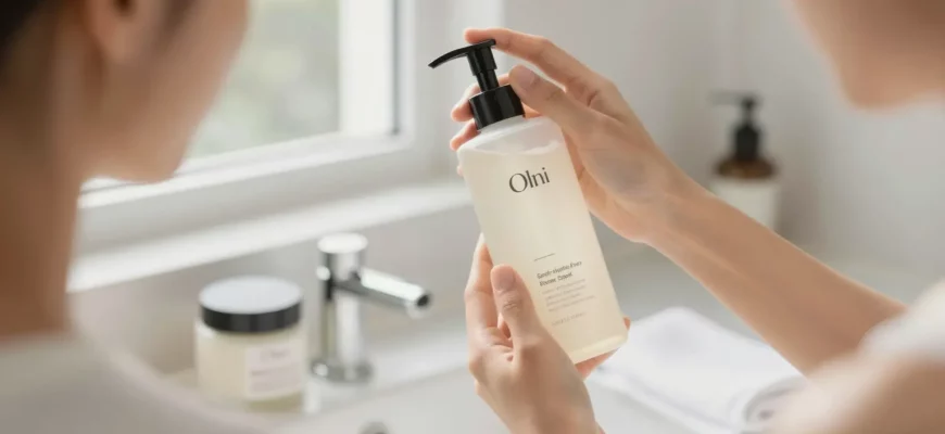 A serene bathroom scene featuring a woman in her late twenties applying Ole Henri skincare products, with a focus on a bottle of Ole Henri, a gentle facial cleanser, a moisturizer, and a soft towel. The setting is bright and airy, with natural light streaming through a window, creating a calm and refreshing atmosphere.