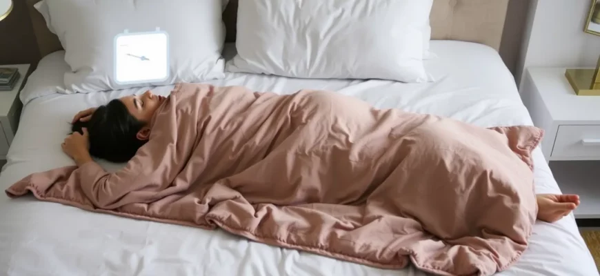 A person lying on a bed with a weighted blanket, a subtle visual cue indicating the blanket weighs 10% of the person's body weight, such as a small scale or a subtle overlay, all in a calm, cozy bedroom setting