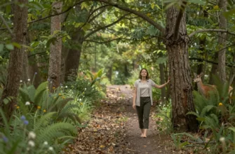 A serene forest path winding through lush greenery, with dappled sunlight filtering through tall trees. A lone figure in simple, natural clothing walks barefoot along the path, hands lightly touching the bark of a tree, eyes closed in contemplation. Wildflowers and ferns line the edges, and a small deer peeks from behind a bush, symbolizing harmony with nature. The scene evokes a sense of calm, freedom, and reconnection with the natural world.