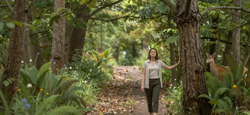 A serene forest path winding through lush greenery, with dappled sunlight filtering through tall trees. A lone figure in simple, natural clothing walks barefoot along the path, hands lightly touching the bark of a tree, eyes closed in contemplation. Wildflowers and ferns line the edges, and a small deer peeks from behind a bush, symbolizing harmony with nature. The scene evokes a sense of calm, freedom, and reconnection with the natural world.