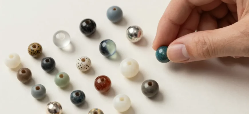A close-up, high-resolution image of a variety of weighted blanket beads arranged neatly on a clean, neutral-colored surface. The beads should include different sizes, colors, and textures (e.g., glass, plastic, metal, and silicone). A hand (no face or body visible) is gently picking up one bead, with a small, open guidebook or reference sheet beside the beads, but without any visible text or lettering. The lighting should highlight the beads’ weight and texture, creating subtle shadows for depth. The background should be simple and uncluttered, focusing attention on the beads and the hand.
