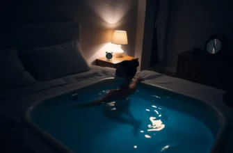 A serene nighttime bedroom scene featuring a person in pajamas standing in a small cold plunge tub filled with clear water, a thermometer showing low temperature, a dim bedside lamp casting soft glow, a clock indicating late hour, and subtle reflections on the water surface. The setting conveys calm, recovery, and the concept of cold therapy before sleep.