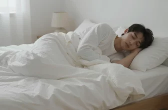 A peaceful bedroom scene with a person sleeping on a bed covered by a weighted blanket, soft lighting, calm atmosphere, no visible text or logos