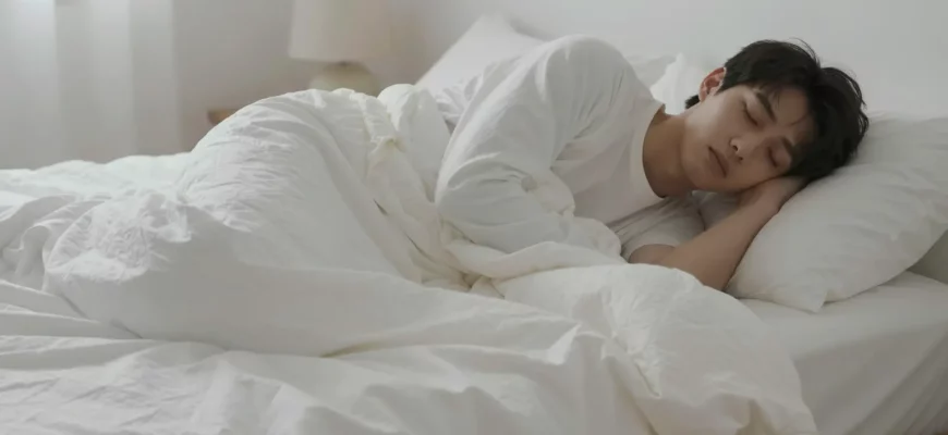 A peaceful bedroom scene with a person sleeping on a bed covered by a weighted blanket, soft lighting, calm atmosphere, no visible text or logos