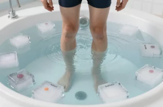 A person standing in a clear, icy plunge tub surrounded by floating ice cubes, with a subtle overlay of a scientific diagram showing inflammation markers in the body, all rendered in a realistic, high-resolution style