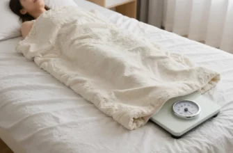A person lying on a weighted blanket in a calm bedroom, with a visible scale or weight indicator showing 20 lb, realistic lighting and soft textures, no text, letters, or digits