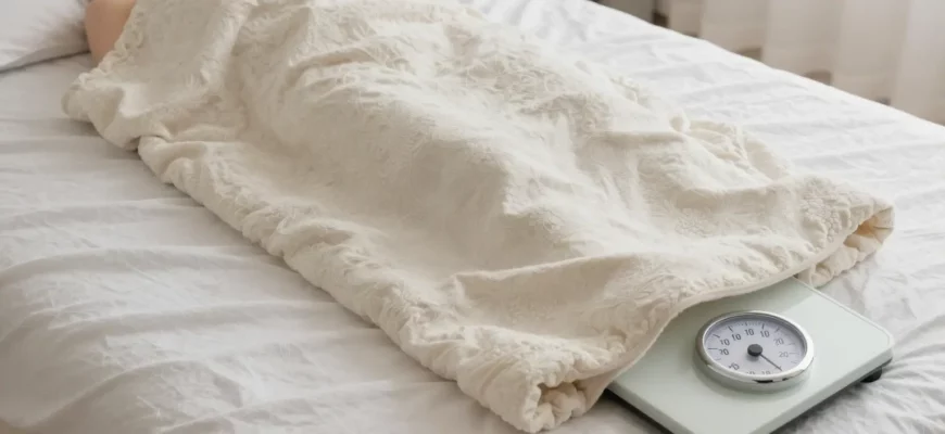 A person lying on a weighted blanket in a calm bedroom, with a visible scale or weight indicator showing 20 lb, realistic lighting and soft textures, no text, letters, or digits