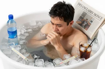 A person in a cold plunge tub surrounded by ice cubes, a bottle of water, a thermometer, and a cold drink, with subtle visual cues such as a newspaper or a cough symbol to represent hangover, colds, or sickness, all depicted in a realistic style without any text or lettering