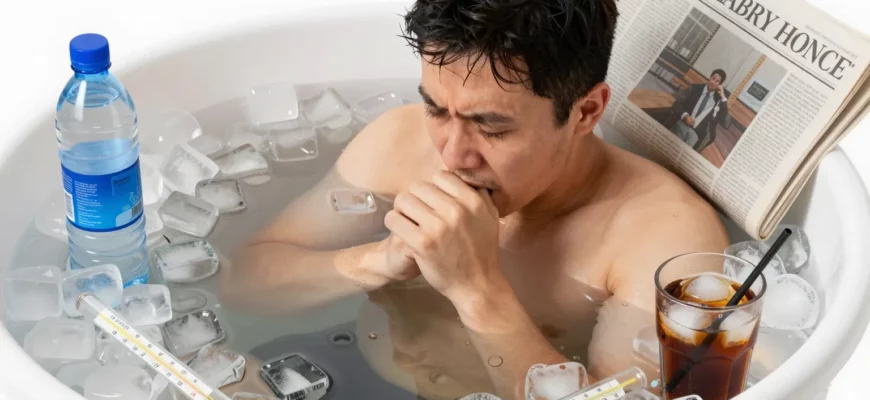 A person in a cold plunge tub surrounded by ice cubes, a bottle of water, a thermometer, and a cold drink, with subtle visual cues such as a newspaper or a cough symbol to represent hangover, colds, or sickness, all depicted in a realistic style without any text or lettering