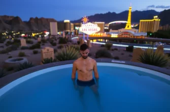 A person standing in a cold plunge pool surrounded by a desert landscape, with neon lights of Las Vegas glowing in the background, reflecting a modern, adventurous vibe