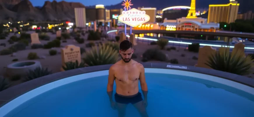 A person standing in a cold plunge pool surrounded by a desert landscape, with neon lights of Las Vegas glowing in the background, reflecting a modern, adventurous vibe