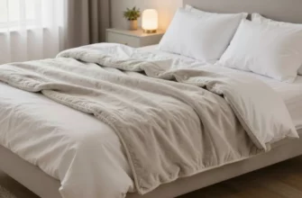 A luxurious, high-quality weighted blanket draped over a plush, modern bed in a softly lit bedroom. The blanket should appear plush and inviting, with subtle texture details and a neutral, calming color palette. The setting includes a minimalist nightstand, a small potted plant, and a softly glowing lamp, all arranged to emphasize comfort and relaxation.