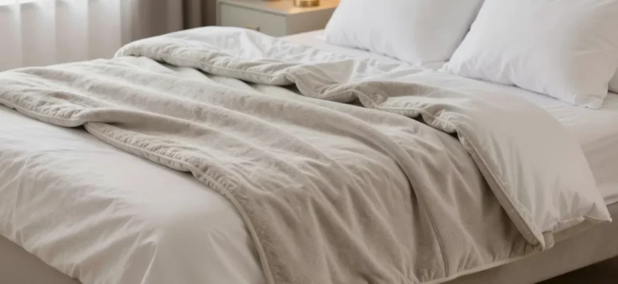 A luxurious, high-quality weighted blanket draped over a plush, modern bed in a softly lit bedroom. The blanket should appear plush and inviting, with subtle texture details and a neutral, calming color palette. The setting includes a minimalist nightstand, a small potted plant, and a softly glowing lamp, all arranged to emphasize comfort and relaxation.