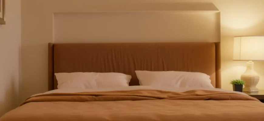 A cozy bedroom interior featuring a neatly made bed with a plush weighted blanket draped over the mattress, soft ambient lighting, and a calm, inviting atmosphere