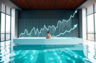 depict a modern, sleek cold plunge pool with a person standing in it, surrounded by a subtle digital overlay of rising market graphs, in a bright, airy setting, conveying the concept of the Eos Cold Plunge's market impact