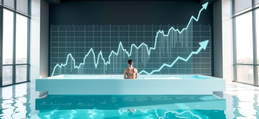 depict a modern, sleek cold plunge pool with a person standing in it, surrounded by a subtle digital overlay of rising market graphs, in a bright, airy setting, conveying the concept of the Eos Cold Plunge's market impact