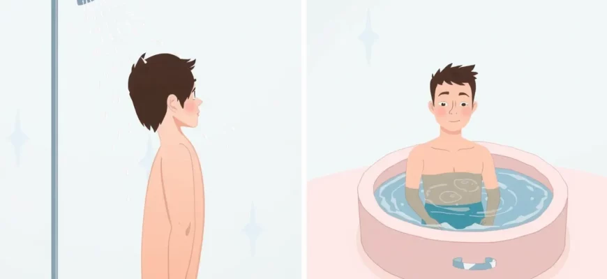A side-by-side illustration showing the contrast between a cold shower and a cold plunge: on the left, a person standing under a cold shower with water droplets falling from a showerhead; on the right, the same person submerged in a small, clear cold plunge tub filled with water, surrounded by a calm, cool environment. The scene emphasizes the difference in immersion and intensity of cold exposure, with subtle lighting to highlight the chill effect.
