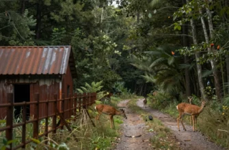 A dense forest scene showing a subtle human presence, such as a small abandoned farm building, a rusted fence, or a narrow road, juxtaposed with wildlife like deer and birds, illustrating the hidden costs of rewilding such as human-wildlife conflict, economic impact, and ecological imbalance.