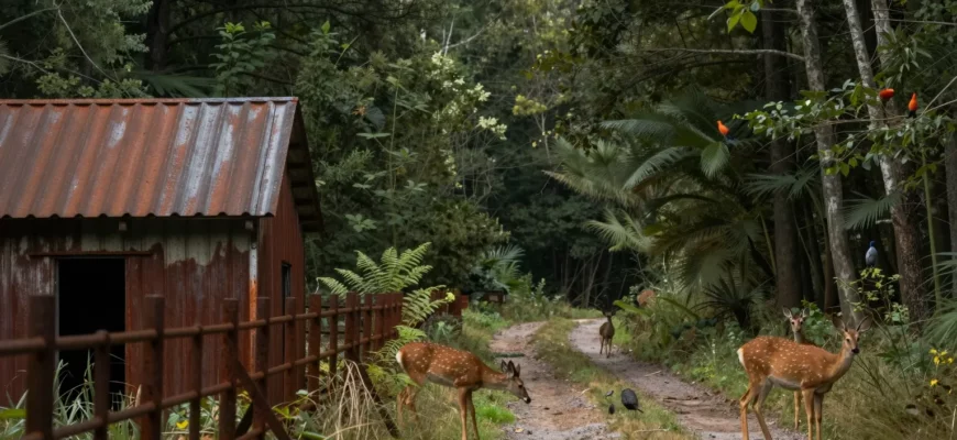 A dense forest scene showing a subtle human presence, such as a small abandoned farm building, a rusted fence, or a narrow road, juxtaposed with wildlife like deer and birds, illustrating the hidden costs of rewilding such as human-wildlife conflict, economic impact, and ecological imbalance.