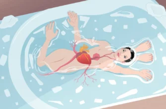 A person submerged in a cold plunge tub, surrounded by icy water, with subtle visual cues of physiological processes such as blood vessels, heart, and nervous system, depicted in a stylized illustration style