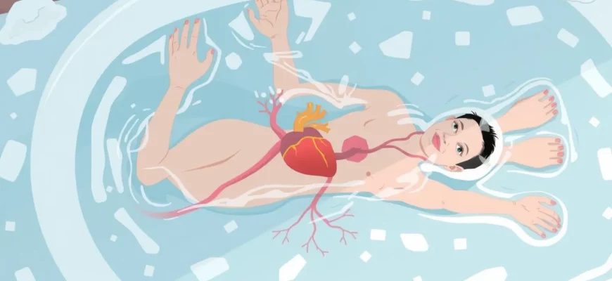 A person submerged in a cold plunge tub, surrounded by icy water, with subtle visual cues of physiological processes such as blood vessels, heart, and nervous system, depicted in a stylized illustration style
