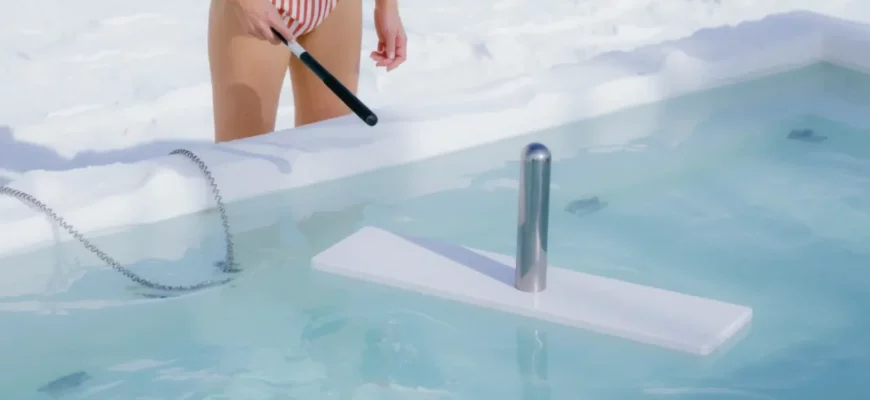 A clear, modern cold plunge pool with a sleek, stainless steel cleaning device in use, surrounded by a calm, icy environment. A person in swimwear stands beside the pool, holding a cleaning brush, all depicted in a bright, well-lit setting with no visible text or logos.
