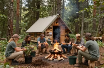 A group of people gathered around a rustic cabin in a forest setting, practicing rewilding activities such as planting trees, building a fire pit, and sharing a meal, with a backdrop of tall trees and a clear sky.
