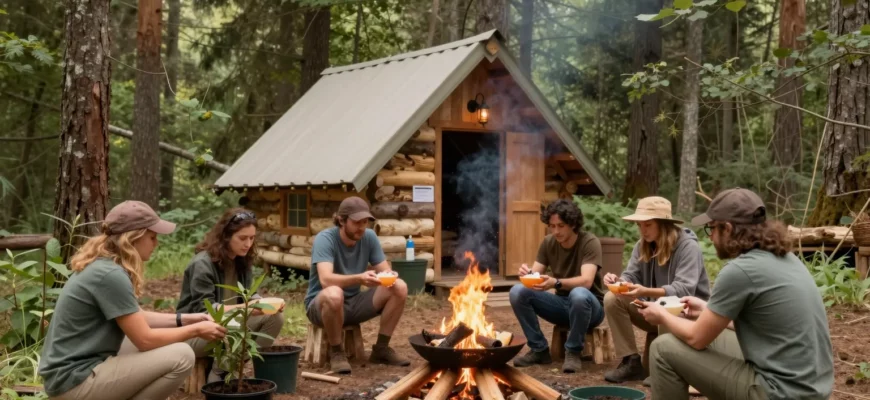 A group of people gathered around a rustic cabin in a forest setting, practicing rewilding activities such as planting trees, building a fire pit, and sharing a meal, with a backdrop of tall trees and a clear sky.